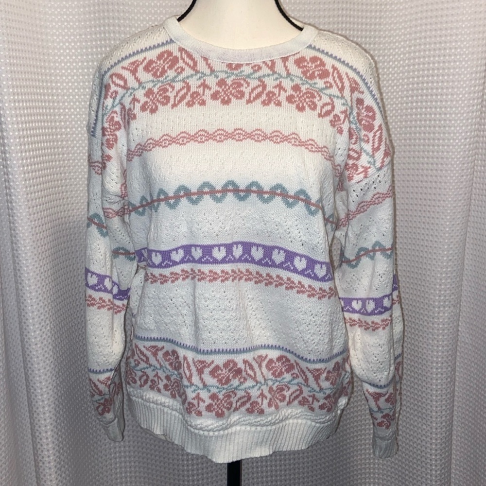 Women’s 90’s‎ Vintage pink flowers grandmacore knit sweater Sz medium